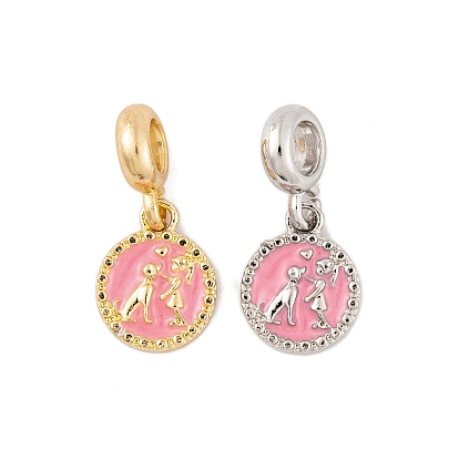 Rack Plating Alloy Pink Enamel European Dangle Charms, Flat Round with Dog & Girl Large Hole Pendants