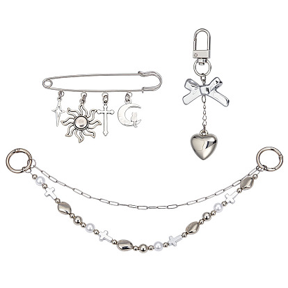 3шт 3 стили сердце солнце крест пластик и сплав звенья сумка декоративные цепи и брошь, с поворотными застежками сплава