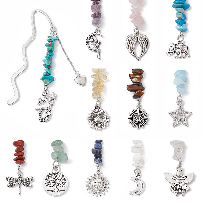 Natural Gemstone Chip Beads Bookmarks, Mixed Shapes Alloy Charms Bookmarker