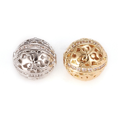 Brass Micro Pave Clear Cubic Zirconia Beads, Long-Lasting Plated, Round