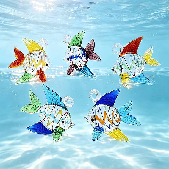 Handmade Lampwork Pendants, Fish with Swirl Stripe Charms