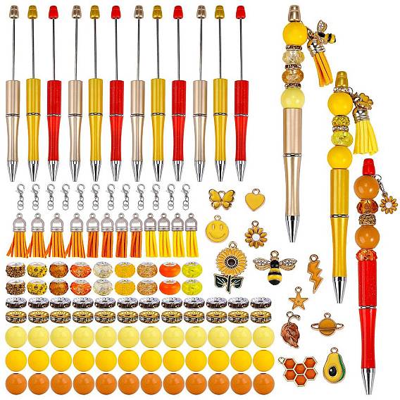 Набор для изготовления ручки из бисера своими руками, включая натуральное дерево, стекло, полимерную глину, смолу и европейский бисер, пластиковые шариковые ручки, подвески с эмалью и кисточками из сплава сердце и улыбающееся лицо и пчелы