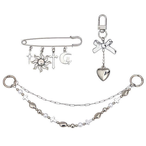 3шт 3 стили сердце солнце крест пластик и сплав звенья сумка декоративные цепи и брошь, с поворотными застежками сплава