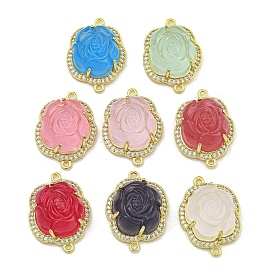 Rack Plating Brass Micro Pave Cubic Zirconia Link, Rose Resin Connector Charms, Long-Lasting Plated, Lead Free & Cadmium Free, Real 18K Gold Plated