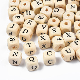 Natural Maple Wood Printed Beads, Horizontal Hole, Cube with Initial Letter, Blanched Almond