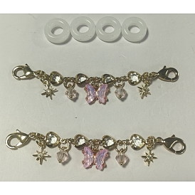6Cadenas para gafas de latón, aleación, vidrio y circonita cúbica (piezas), con cierres de pinza de langosta y anillos de sujeción de silicona para gafas, mariposa