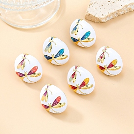 Alloy Enamel Stud Earrings, Oval with Dragonfly