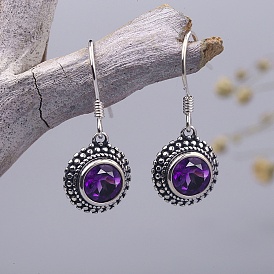 Плоские круглые серьги-подвески с натуральным аметистом, с застежкой из стерлингового серебра