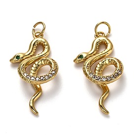 Brass Micro Pave Clear Cubic Zirconia Pendants, Long-Lasting Plated, with Jump Rings, Snake