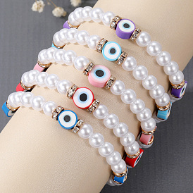 Fashionable Freshwater Pearl Bracelet with Zircon and Evil Eye Charm, Vintage Hand Jewelry