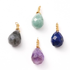 Wire Wrapped Faceted Natural Green Aventurine & Amethyst & Lapis Lazuli & Labradorite Pendants, with Golden Plated Brass Wire, Teardrop