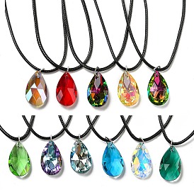Waxed Cord Necklaces, with K9 Glass Pendant Necklaces, Teardrop