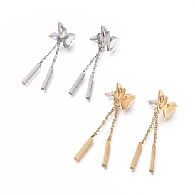 304 Stainless Steel Chain Tassel Earrings, with Ear Nuts, Butterfly with Bar