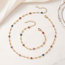 304 Наборы из цепочки и браслета из нержавеющей стали с эмалированным покрытием, сердце