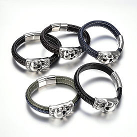 Tressés bracelets cordon en cuir pour hommes, avec 304 accessoires en acier inoxydable et les fermoirs magnétiques, crane