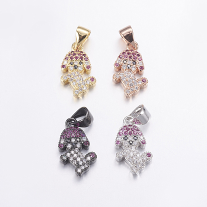 Brass Micro Pave Cubic Zirconia Puppy Pendants, Long-Lasting Plated, Dog Charms