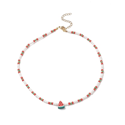Summer Theme Handmade Polymer Clay Fruit Bead Necklaces, Glass Beaded Choker Necklace with 304 Stainless Steel Lobster Claw Clasps & Extender Chain, for Women