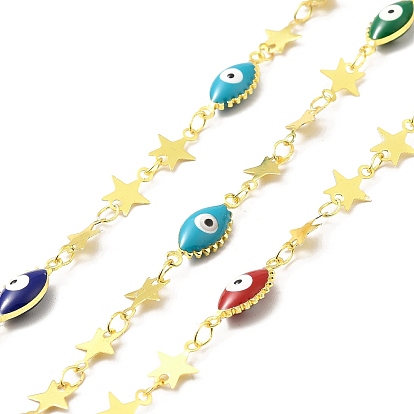 Handmade Enamel Horse Eye with Evil Eye Link Chain, Star Brass Links Chains, Soldered, with Spool, Cadmium Free & Lead Free