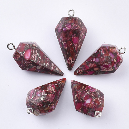 Synthetic Gold Line Regalite/Imperial Jasper/Sea Sediment Jasper Pointed Pendants, with Platinum Plated Iron Findings, Dyed, Cone Pendulum