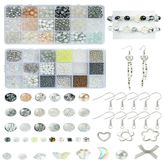 DIY baumeln Ohrring Schmuck Kits, einschließlich Glasperlen, Perlen, CCB-Kunststoffperlenrahmen, Ohrringhaken aus Eisen und Schleife aus Nylon
