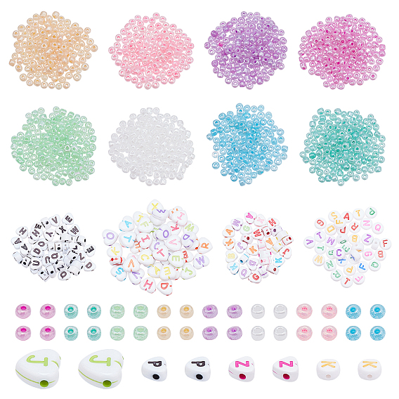 1400Pcs 12 Style Craft Style Acrylic Beads, Horizontal Hole, Heart & Round & Flat Round with Initial Letter, Glass Seed Beads, Ceylon