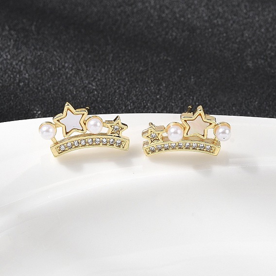 Серьги-гвоздики с короной из латунных микропаве из прозрачных кубических цирконий, с натуральной ракушкой и искусственным жемчугом из АБС-пластика, без кадмия и без свинца, стойки покрытие, долговечный