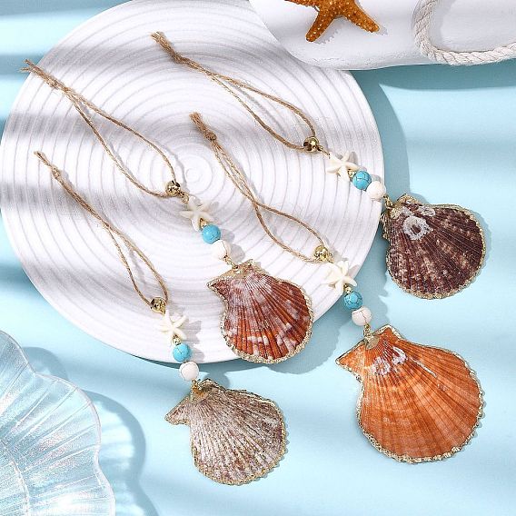 Подвесные украшения из ракушек с гальваническим покрытием, с синтетическими бирюзовыми бусинами и джутовым шнуром, формы раковины