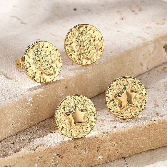 304 из нержавеющей стали серьги, ионное покрытие (ip), плоско-круглые, золотые