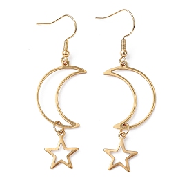 Hollow Star and Moon 304 Stainless Steel Dangle Earrings, Long Drop Earrings for Women