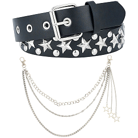 2Pcs 2 Styles Alloy Star & Black PU Leather Chain Belts