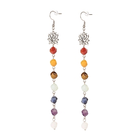 Boucles d'oreilles longues pendantes lotus avec perles de pierre naturelle, 7 boucles d'oreilles à pampilles chakra pour femmes, argent antique