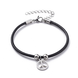 Pulseras con dijes unisex, con cordón de cuero de vaca y 304 hallazgos de acero inoxidable, signo de la paz