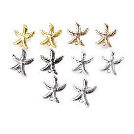 Brass Stud Earring Findings, with Plastic Ear Nuts and Loop, Long-Lasting Plated, Starfish/Sea Stars