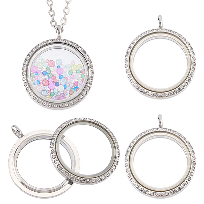 4Pcs Stainless Steel Locket Pendants, Double Sides with Glass, DIY Accessories for Jewelry Pendant Making, Flat Round Charm