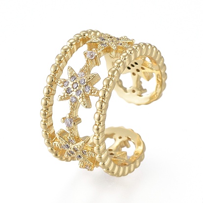Brass Micro Pave Clear Cubic Zirconia Cuff Rings, Open Rings, Long-Lasting Plated, Star