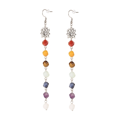 Boucles d'oreilles longues pendantes lotus avec perles de pierre naturelle, 7 boucles d'oreilles à pampilles chakra pour femmes, argent antique