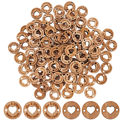 Undyed Wood Connectors Charms, Laser Cut, Falt Round with Word Handmade and Heart