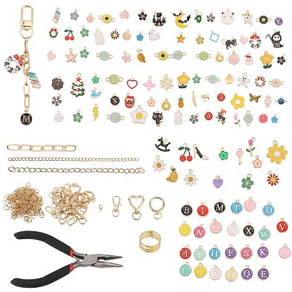 1 Bag DIY Keychain Kit, Alloy Enamel Pendants & Swivel Clasps & Curb Chain & Oval Link Chain & Jump Ring & Pliers, Golden