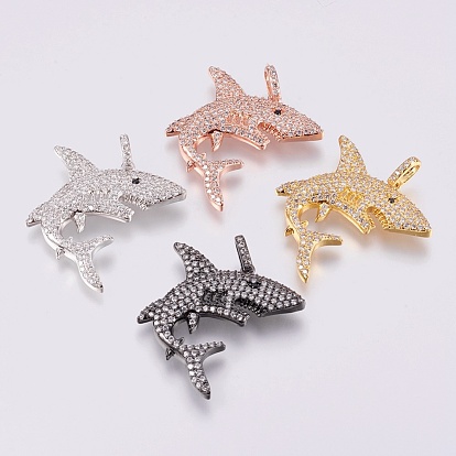 Brass Micro Pave Cubic Zirconia Pendants, Cadmium Free & Lead Free, Shark Shape, Clear