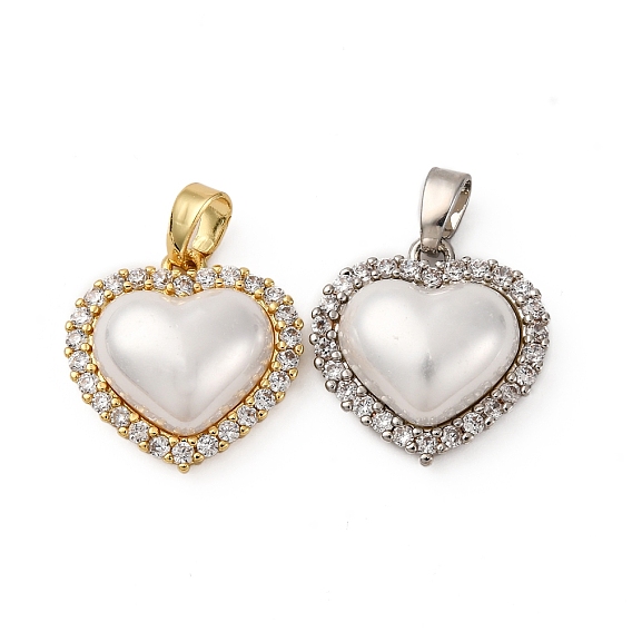 Латунные микро проложить кубического циркония подвески, сердце, с абс пластмассовой имитационной жемчужиной, долговечный, без кадмия и без свинца, стойки покрытие