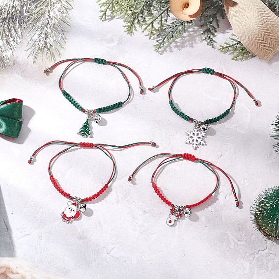 4шт. браслеты с подвесками из сплава и эмали на рождественскую тематику, нейлоновые нити плетеные браслеты из бисера