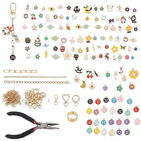 1 Kit para hacer llaveros con forma de bolso, Colgantes de aleación esmaltada, cierres giratorios, cadena de eslabones ovalados, anilla y alicates., dorado