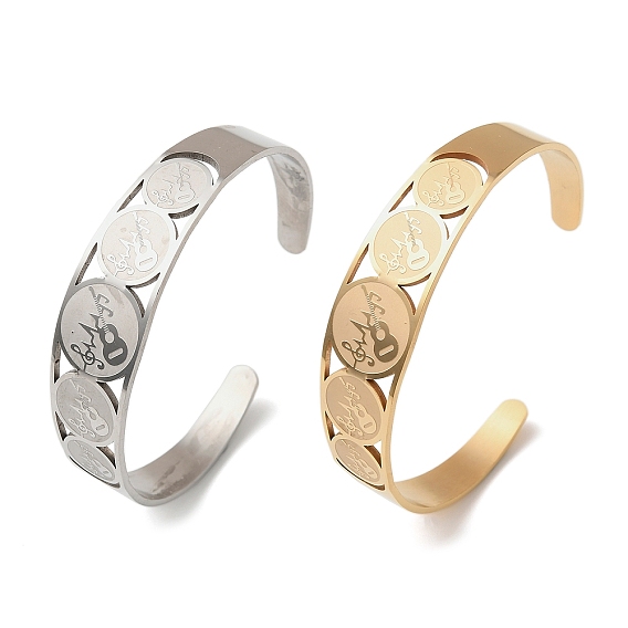 201 женские браслеты-манжеты из нержавеющей стали, плоский круг с музыкальной нотой и гитарой