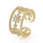 Brass Micro Pave Clear Cubic Zirconia Cuff Rings, Open Rings, Long-Lasting Plated, Star