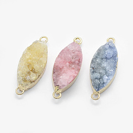 Brass Electroplated Druzy Quartz Crystal Links Connectors, Dyed, Horse Eye, Golden