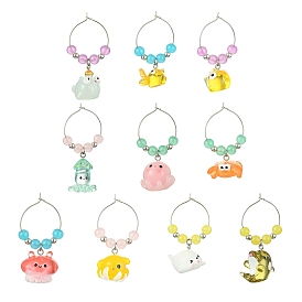 Ocean Theme Resin Wine Glass Charms, with Glass Beads and Brass Wine Glass Charm Rings, Mixed Shapes