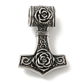 316 Surgical Stainless Steel Pendants, Thor's Hammer with Rose Charm