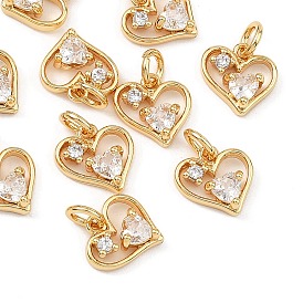 SHEGRACE Valentine's Day Brass Clear Cubic Zirconia Charms, Heart Charms, Cadmium Free & Lead Free & Nickel Free