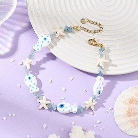 Ocean Natural Gemstone Chip & Synthetic Turquoise Starfish & Handmade Porcelain Fish Beaded Anklets for Women, Golden