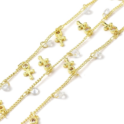 Handmade Eco-friendly Brass Curb Chain, with Cross and Clear Cubic Zirconia Charms, Long-Lasting Plated, Soldered, with Spool